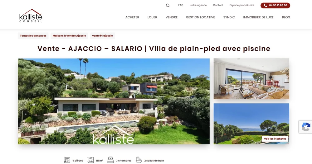 Fiche d'une villa à Ajaccio sur le site Kallisté Conseil