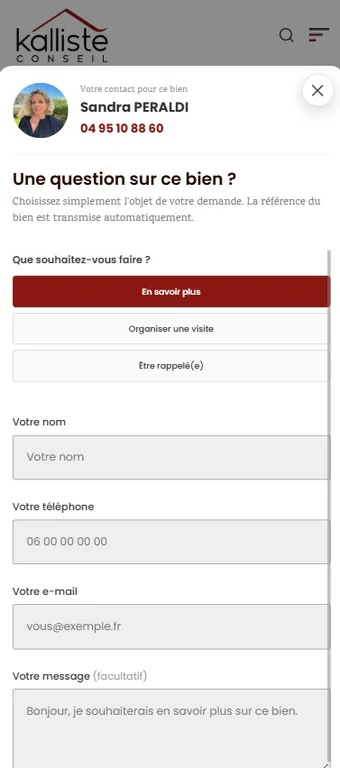 Formulaire de contact mobile rattaché au bien, avec le négociateur référent