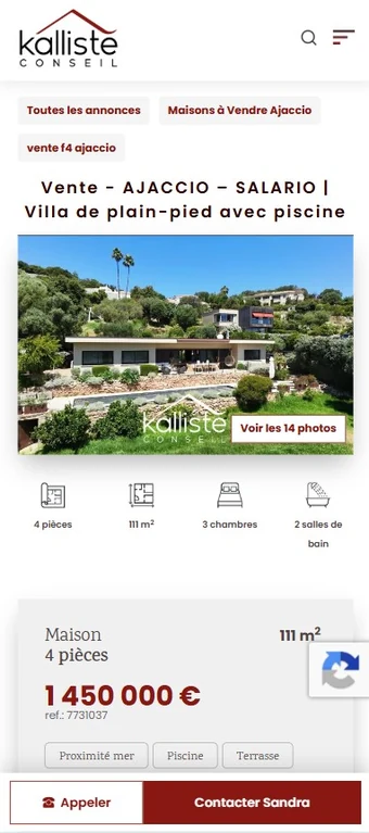 Fiche d'un bien sur mobile, site Kallisté Conseil