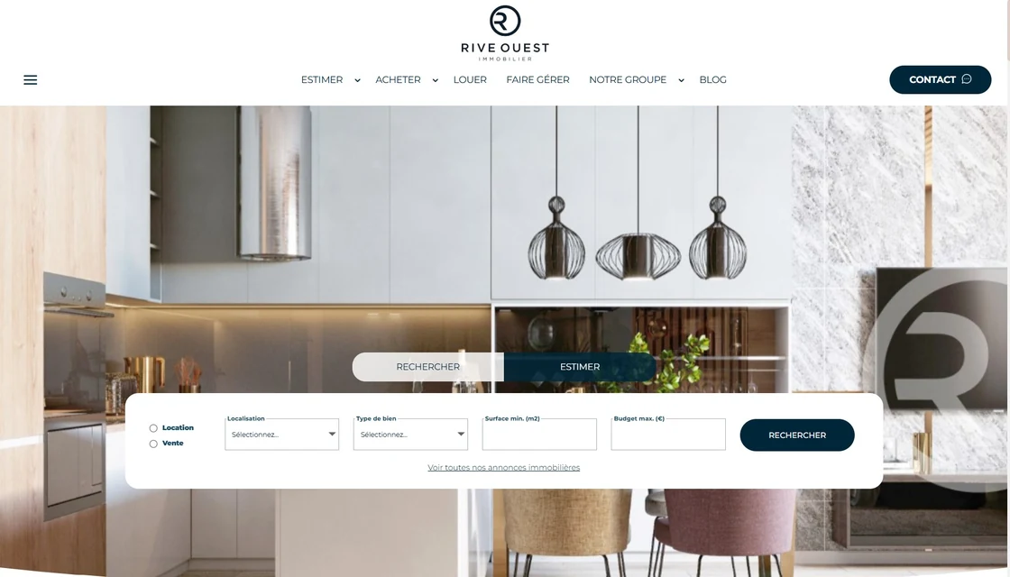 Page d'accueil de Rive Ouest Immobilier : recherche de biens et estimation