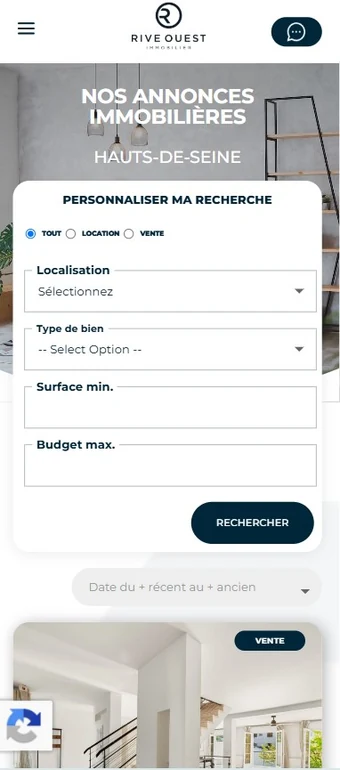 Recherche de biens sur mobile, site Rive Ouest